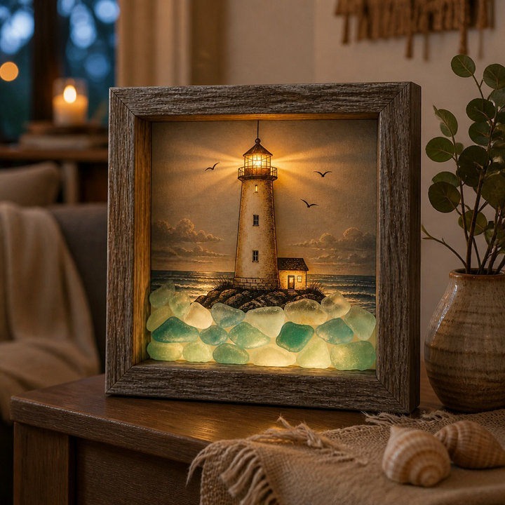 Lighted Shadow Box Coastal Scene 8.5 x 8.5 Inch Lighthouse 1 1