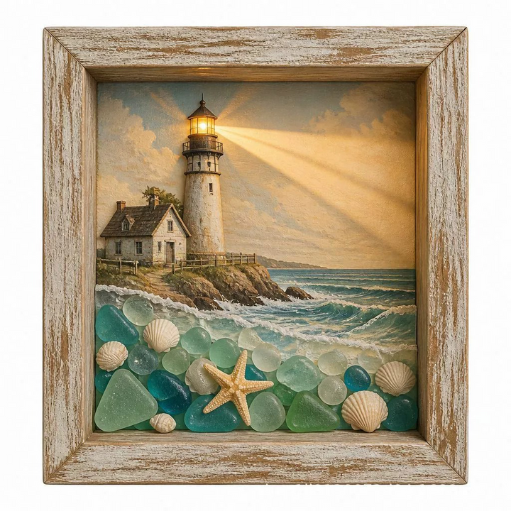 Lighted Shadow Box Coastal Scene 8.5 x 8.5 Inch Lighthouse 2 1