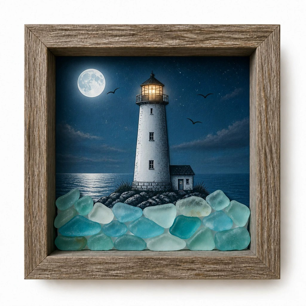 Lighted Shadow Box Coastal Scene 8.5 x 8.5 Inch Lighthouse 3 1