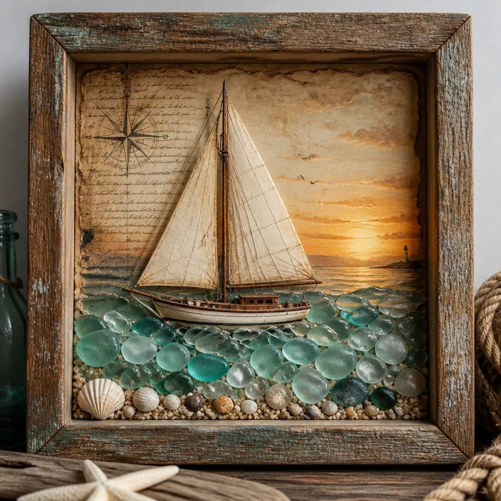 Lighted Shadow Box Coastal Scene 8.5 x 8.5 Inch Sailboat 1