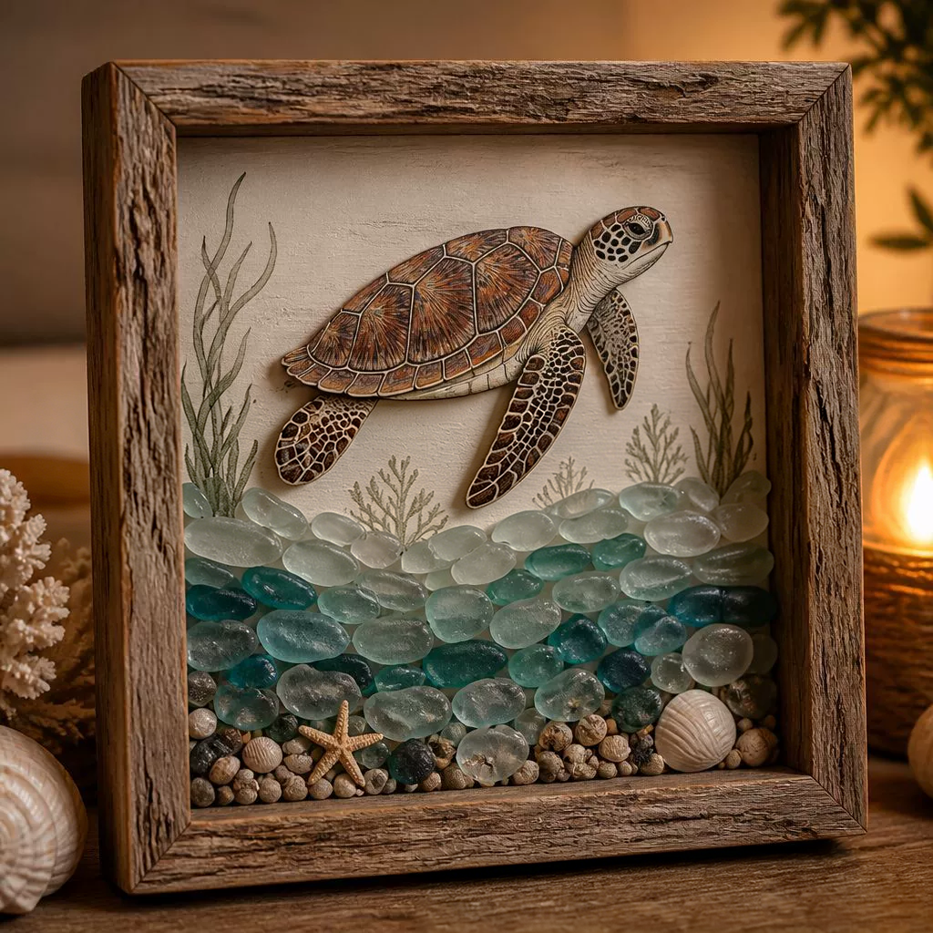 Lighted Shadow Box Coastal Scene 8.5 x 8.5 Inch Sea Turtle 1
