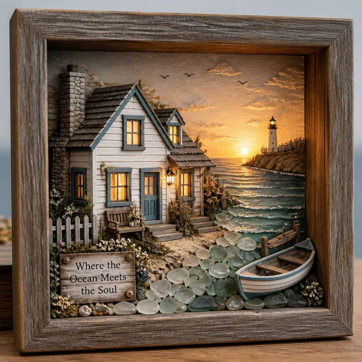 Lighted Shadow Box Coastal Scene 8.5 x 8.5 Inch Seaside Villa 1