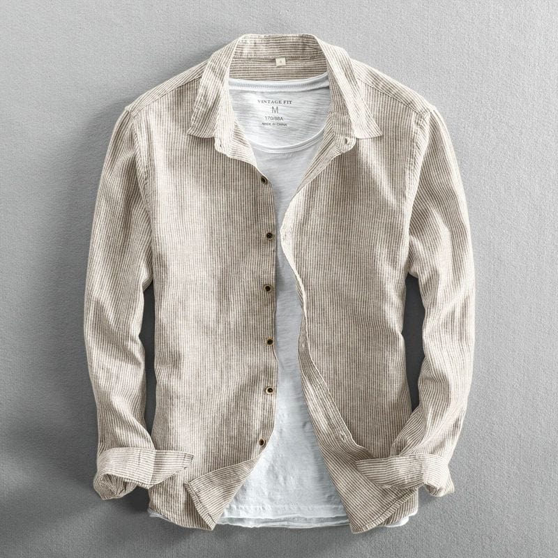 Lightweight Striped Casual Shirt Long Sleeve Set of 2 Beige 1