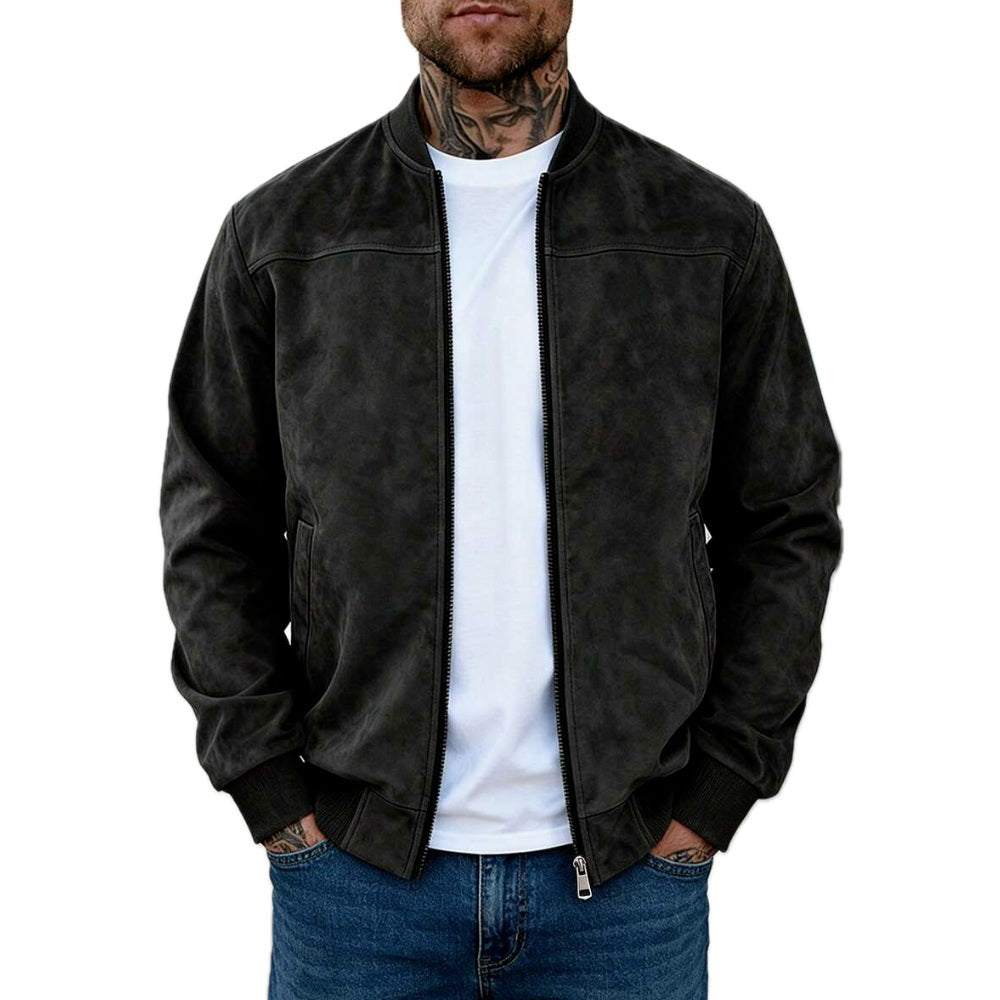 Lightweight Suede Look Stand Collar Flight Jacket Black 1