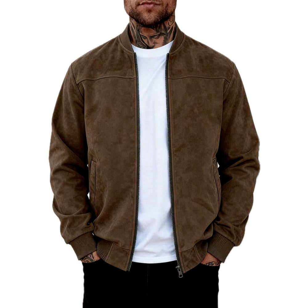 Lightweight Suede Look Stand Collar Flight Jacket Brown 1