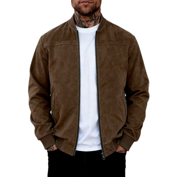 Lightweight Suede Look Stand Collar Flight Jacket Brown 1