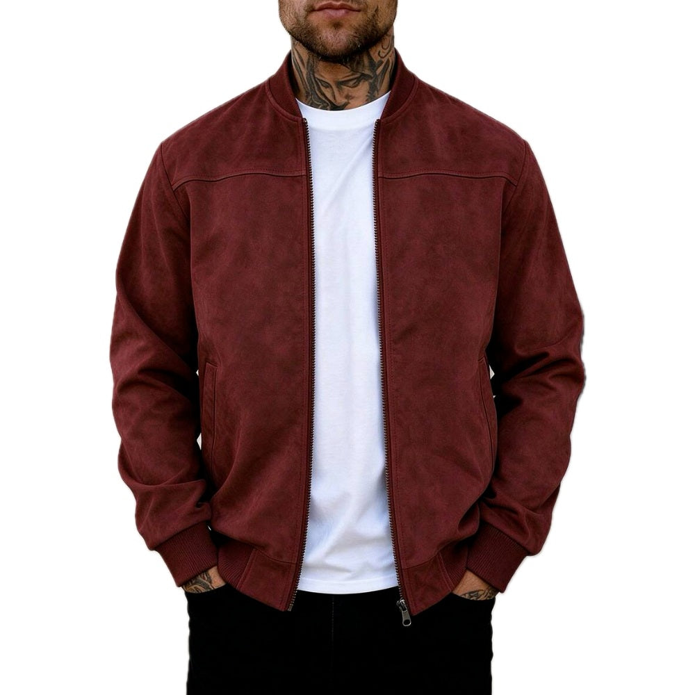 Lightweight Suede Look Stand Collar Flight Jacket Burgundy 1