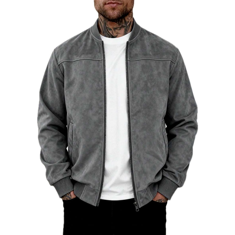Lightweight Suede Look Stand Collar Flight Jacket Light Gray 1