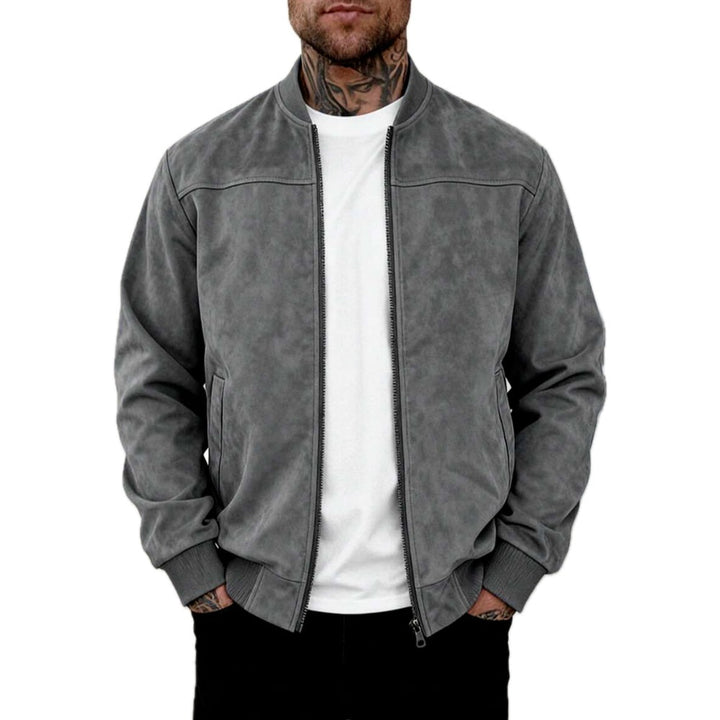 Lightweight Suede Look Stand Collar Flight Jacket Light Gray 1
