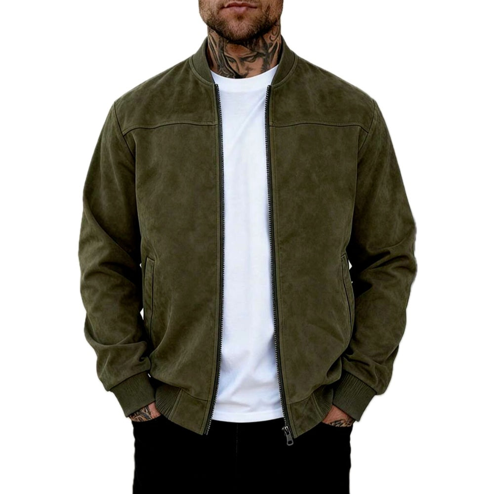 Lightweight Suede Look Stand Collar Flight Jacket Olive 1