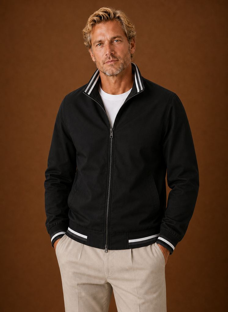 Lightweight Zip Front Bomber Jacket with Striped Trim Black 1
