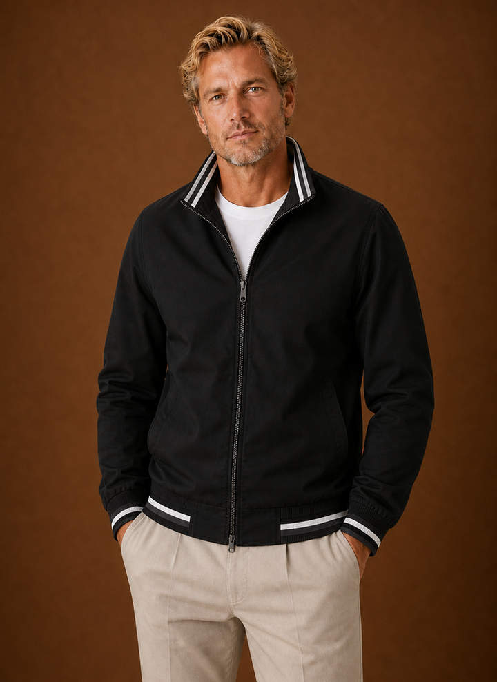 Lightweight Zip Front Bomber Jacket with Striped Trim Black 1