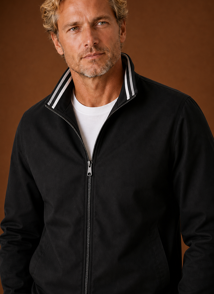 Lightweight Zip Front Bomber Jacket with Striped Trim Black 2