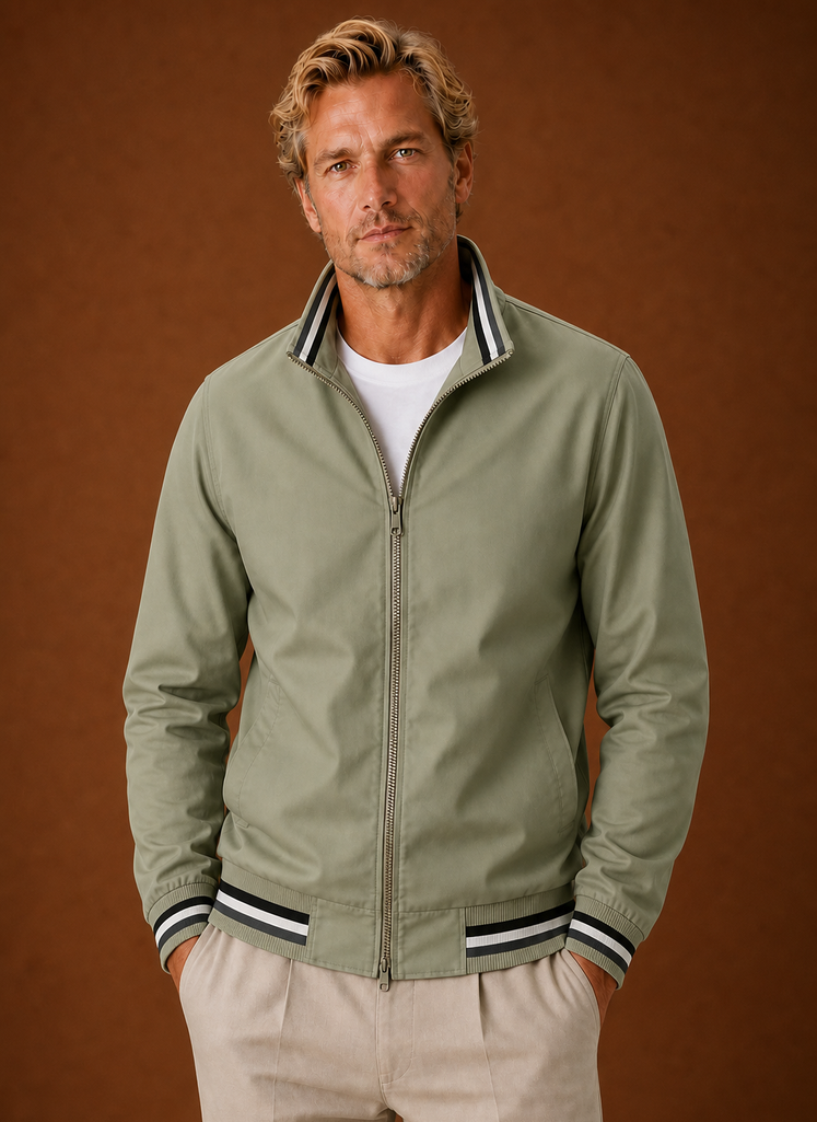 Lightweight Zip Front Bomber Jacket with Striped Trim Green 1