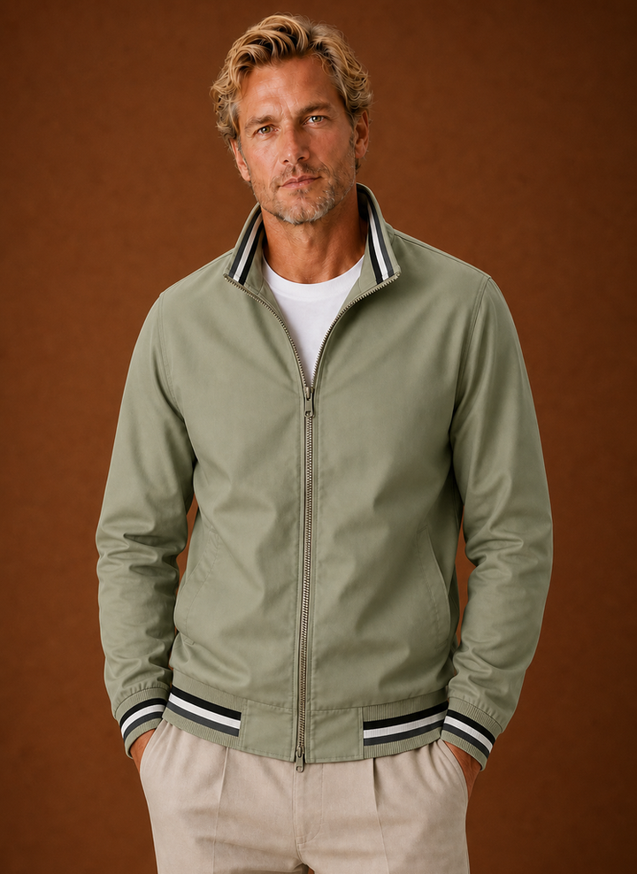 Lightweight Zip Front Bomber Jacket with Striped Trim Green 1