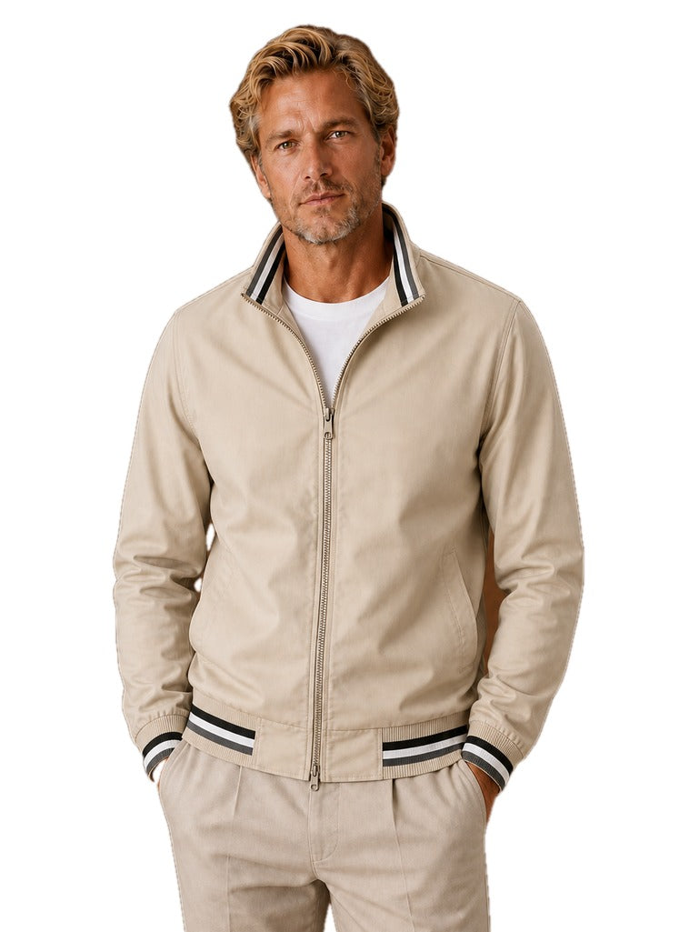 Lightweight Zip Front Bomber Jacket with Striped Trim on white