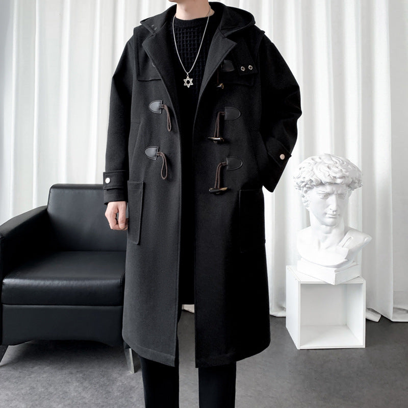 Long Wool Blend Hooded Duffle Coat Toggle Closure Black 1