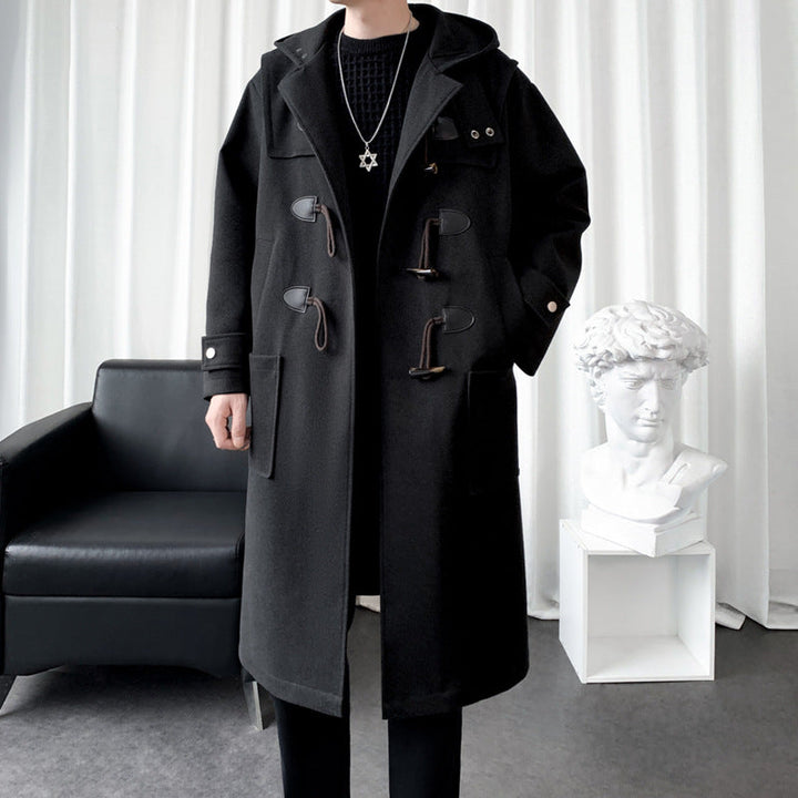 Long Wool Blend Hooded Duffle Coat Toggle Closure Black 1