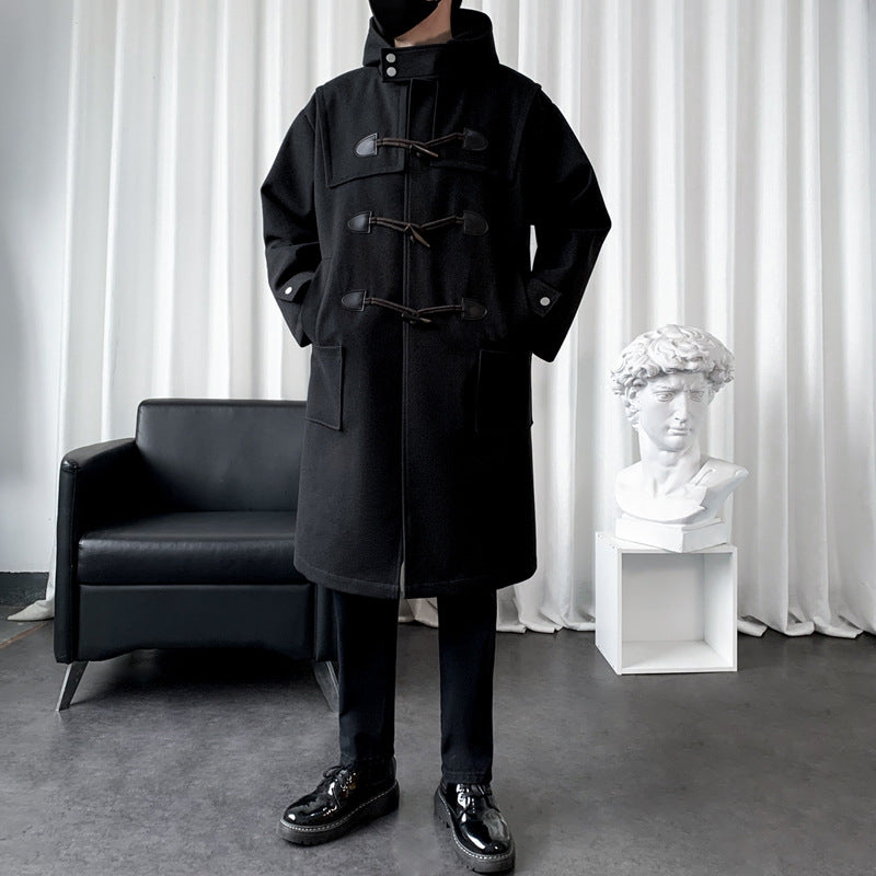 Long Wool Blend Hooded Duffle Coat Toggle Closure Black 2