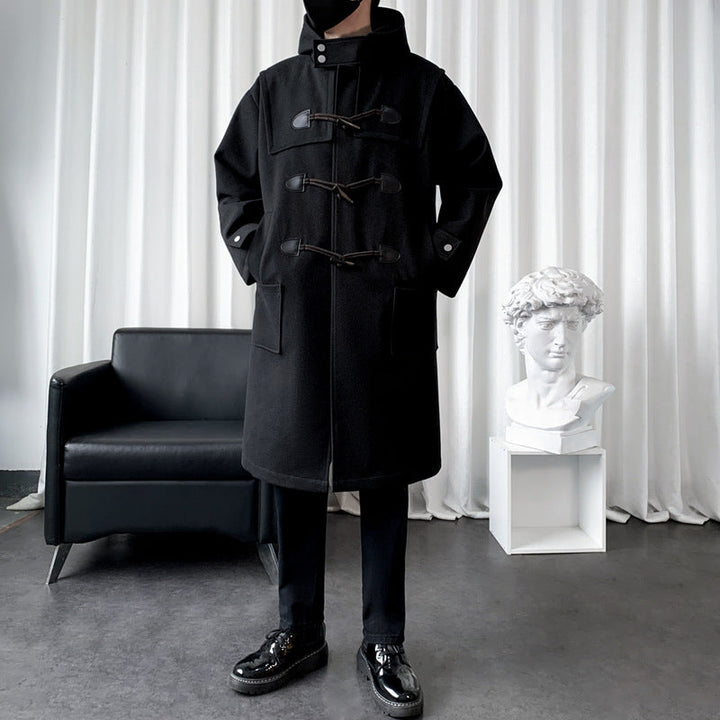 Long Wool Blend Hooded Duffle Coat Toggle Closure Black 2