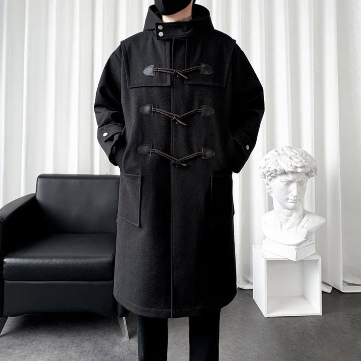 Long Wool Blend Hooded Duffle Coat Toggle Closure Black 3
