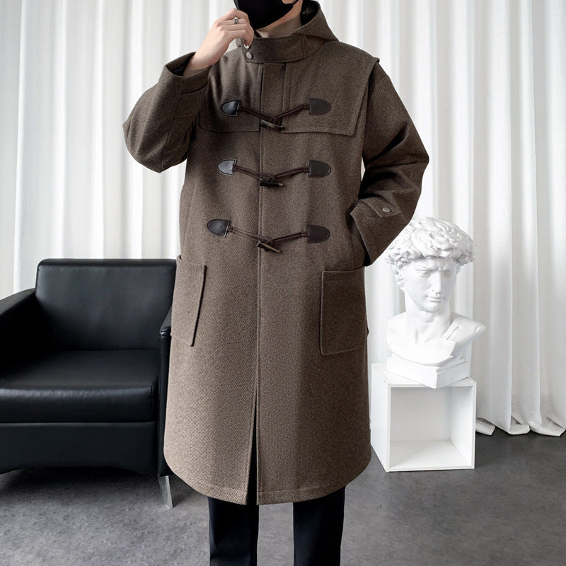 Long Wool Blend Hooded Duffle Coat Toggle Closure Brown 1