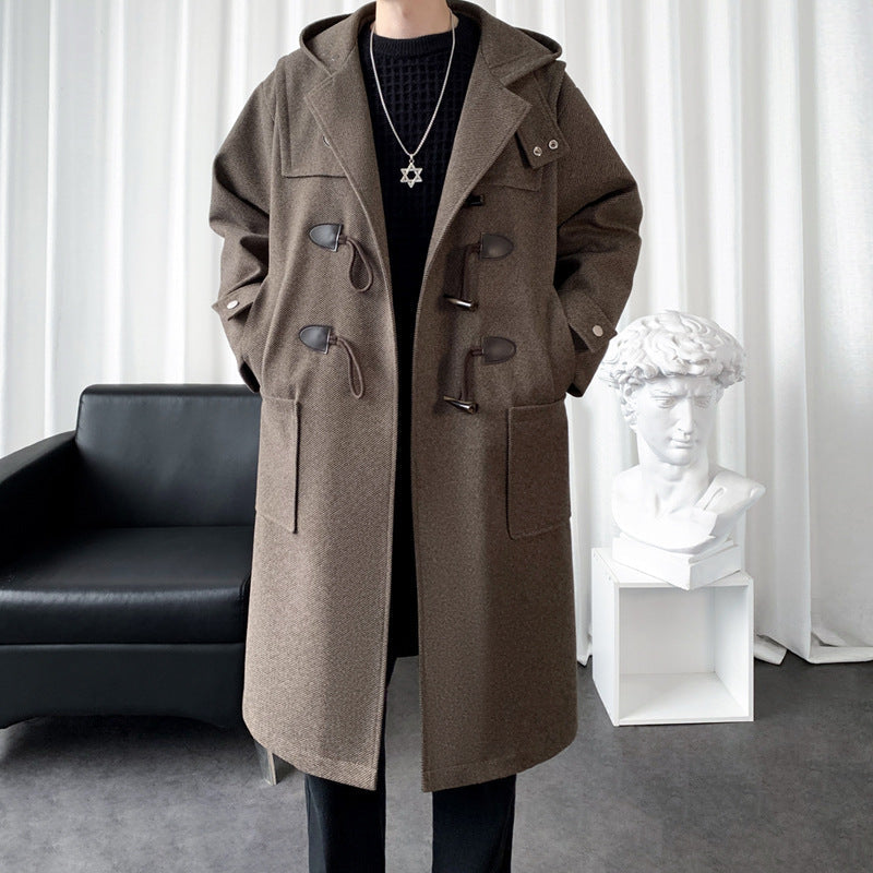 Long Wool Blend Hooded Duffle Coat Toggle Closure Brown 2