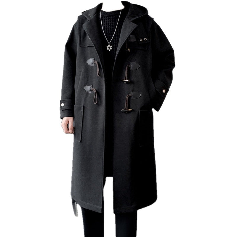 Long Wool Blend Hooded Duffle Coat Toggle Closure on white