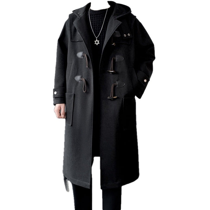 Long Wool Blend Hooded Duffle Coat Toggle Closure on white