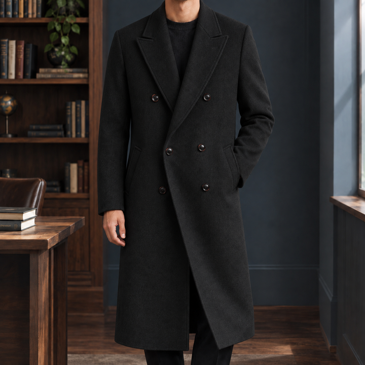 Longline Wool Double Breasted Overcoat Black 1