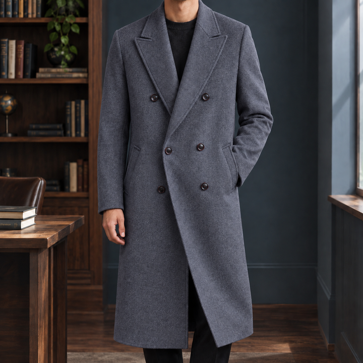 Longline Wool Double Breasted Overcoat Blue Gray 1