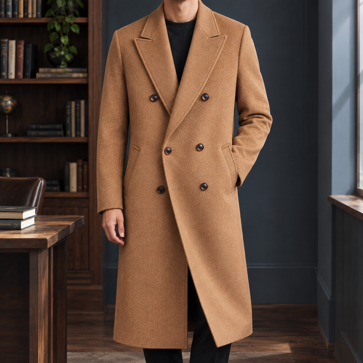 Longline Wool Double Breasted Overcoat Camel 1