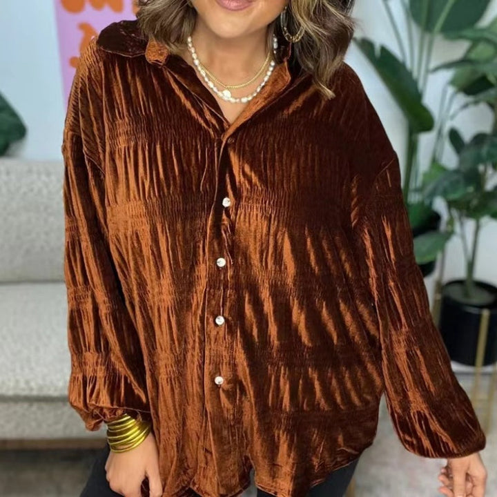 Loose Fit Crinkled Velvet Look Button Front Blouse Brown 1