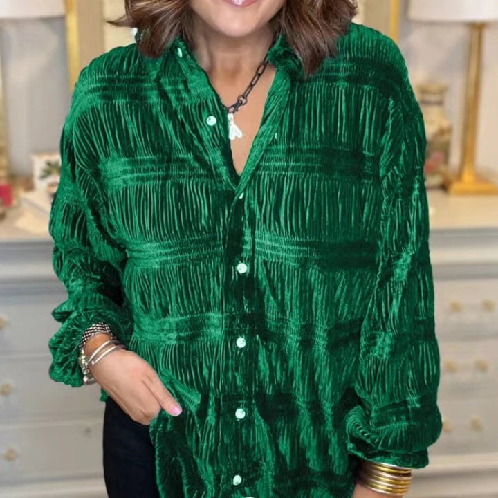 Loose Fit Crinkled Velvet Look Button Front Blouse Green 1