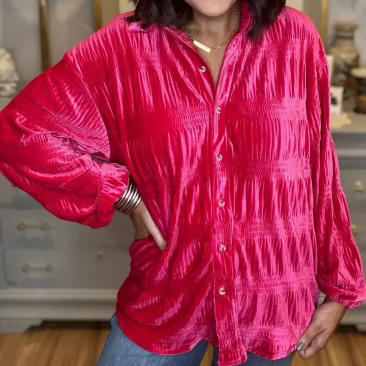 Loose Fit Crinkled Velvet Look Button Front Blouse Pink 1