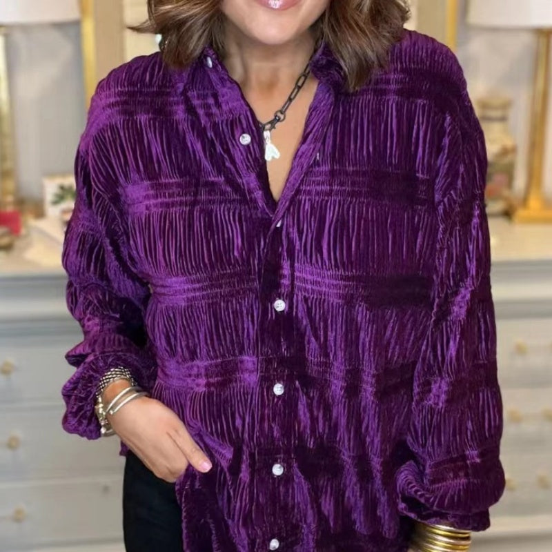 Loose Fit Crinkled Velvet Look Button Front Blouse Purple 1