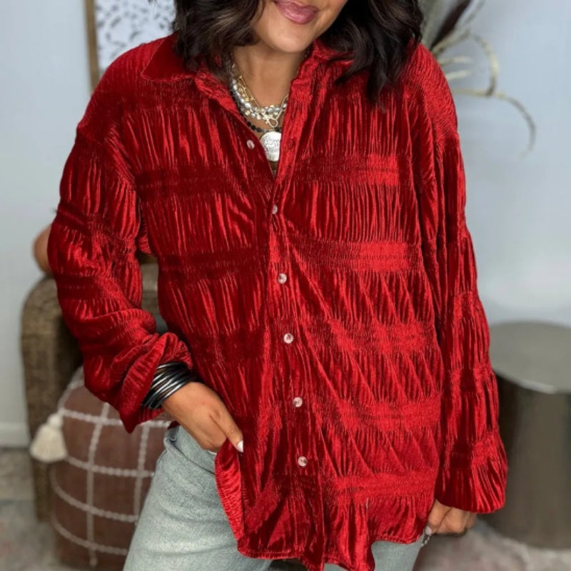 Loose Fit Crinkled Velvet Look Button Front Blouse Red 1