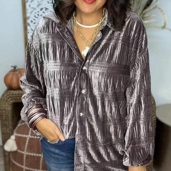 Loose Fit Crinkled Velvet Look Button Front Blouse Silver Gray 1
