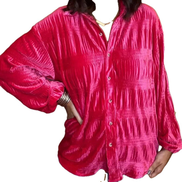 Loose Fit Crinkled Velvet Look Button Front Blouse on white