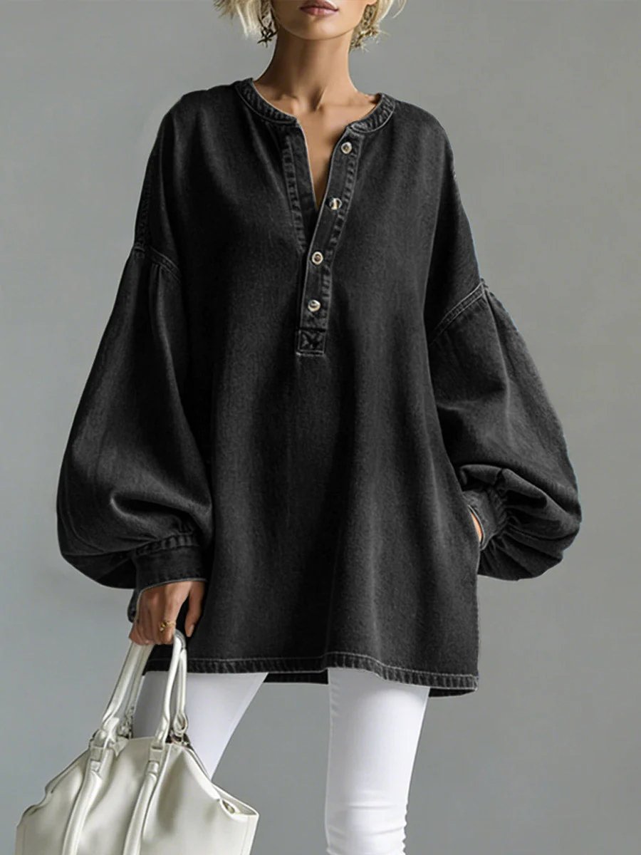 Loose Fit Denim Balloon Sleeve Henley Top Black 1