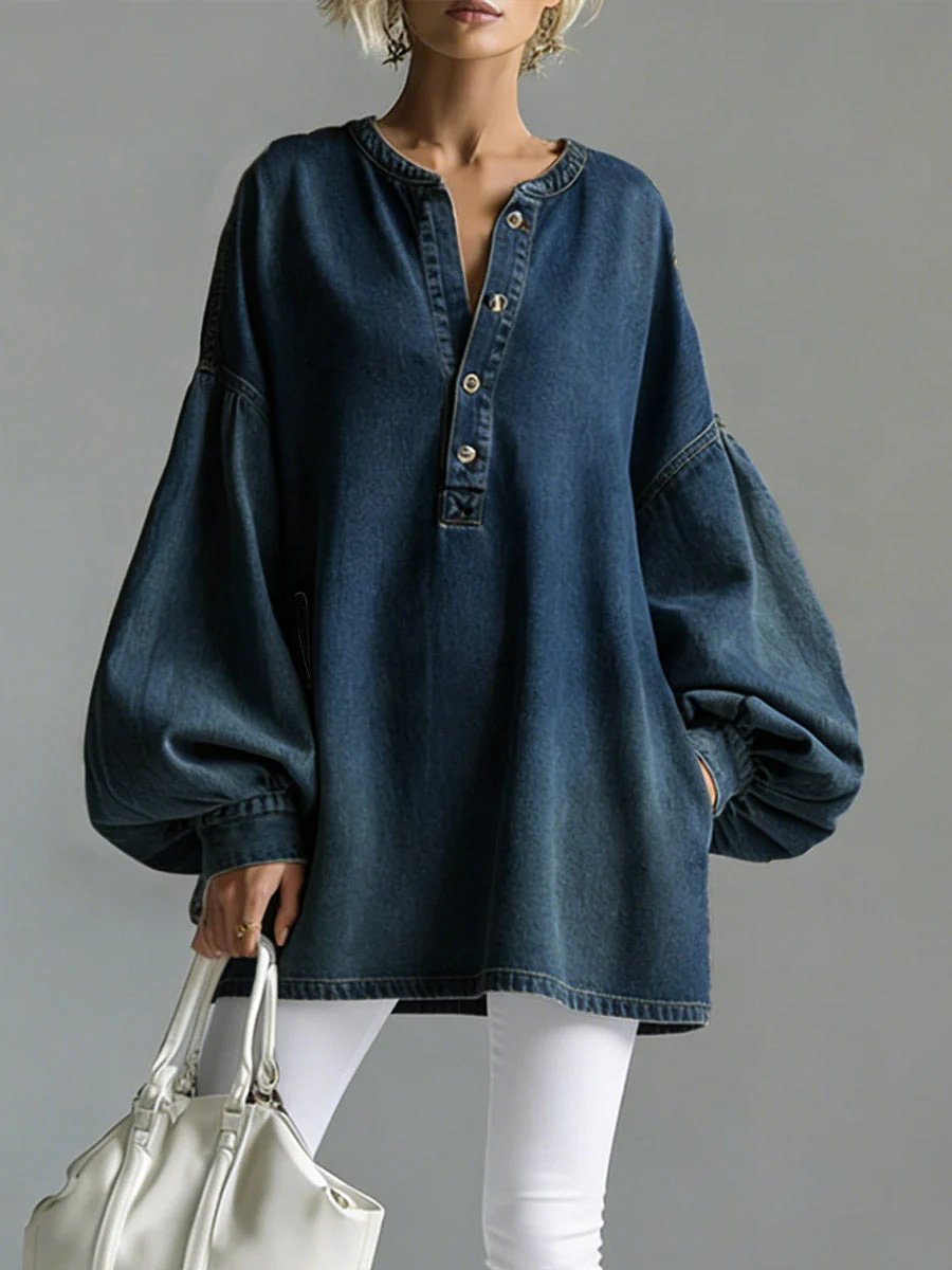 Loose Fit Denim Balloon Sleeve Henley Top Dark Blue 1