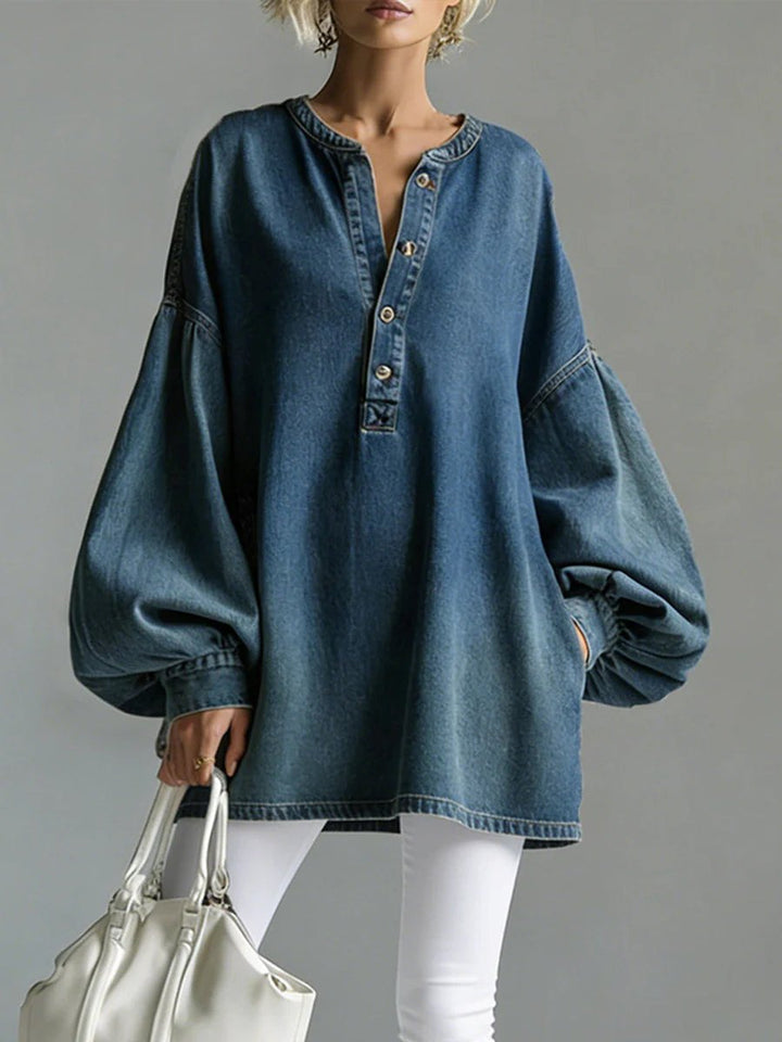 Loose Fit Denim Balloon Sleeve Henley Top Light Blue 1