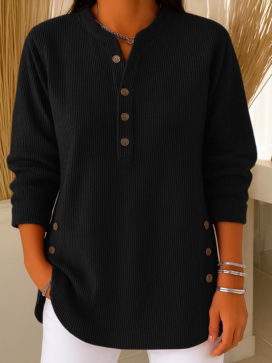 Loose Fit Henley Button Knit Pullover Black 1