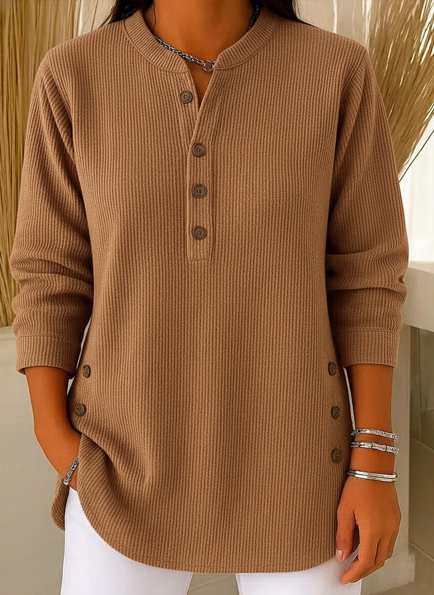 Loose Fit Henley Button Knit Pullover Camel 1