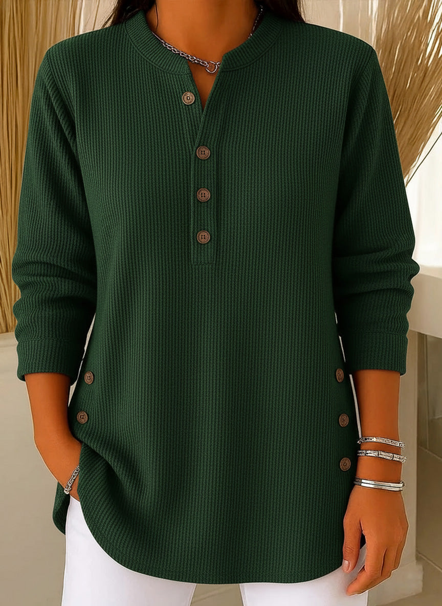 Loose Fit Henley Button Knit Pullover Green 1