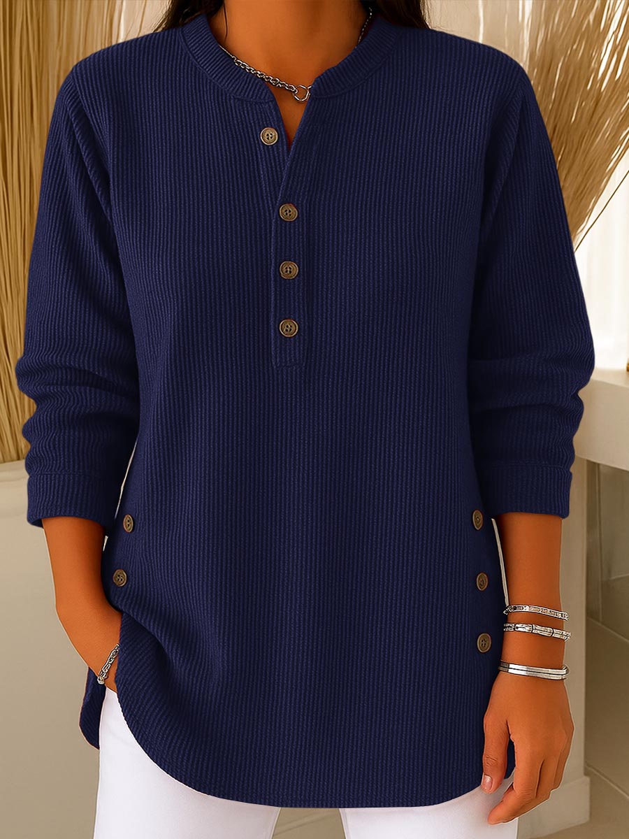 Loose Fit Henley Button Knit Pullover Navy 1