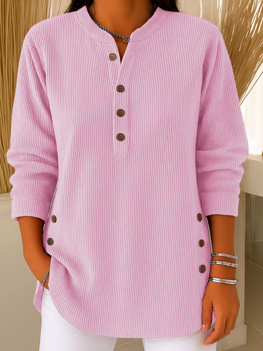 Loose Fit Henley Button Knit Pullover Pink 1