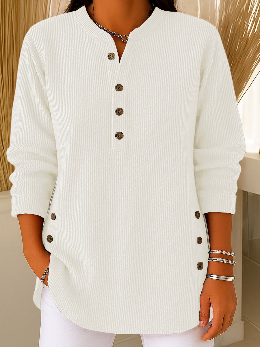 Loose Fit Henley Button Knit Pullover White 1