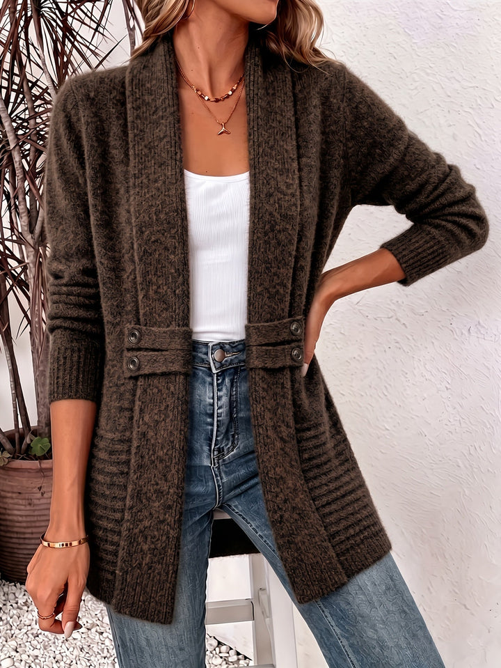 Loose Fit Open Front Button Waist Knit Cardigan Brown 1