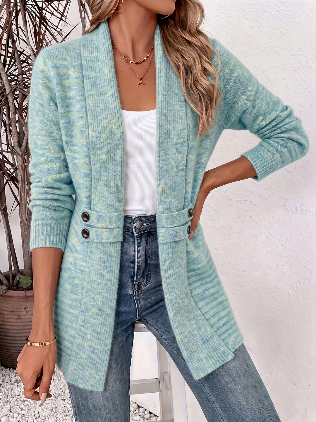 Loose Fit Open Front Button Waist Knit Cardigan Mint 1